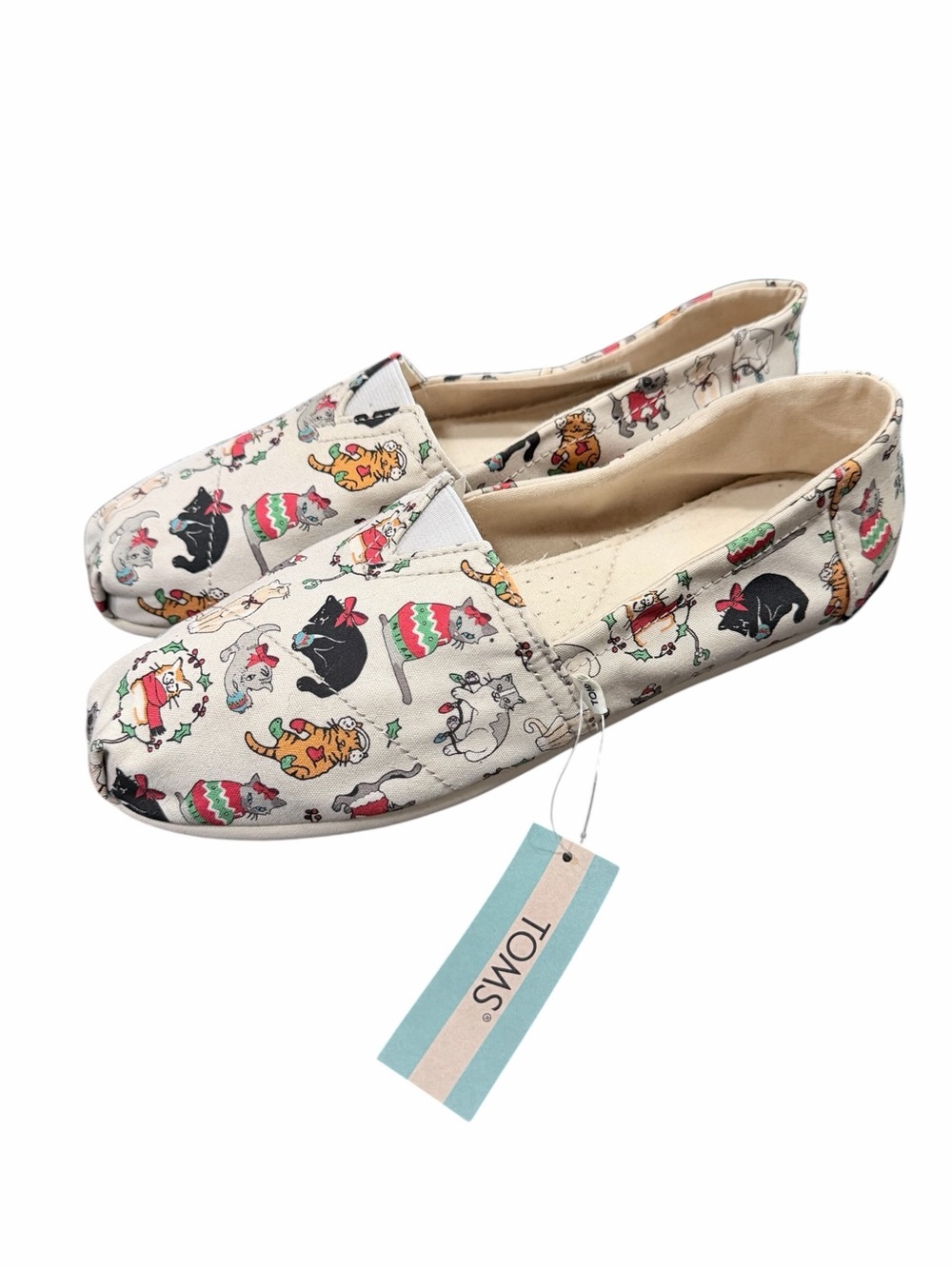 TOMS Women’s Belmont Canvas Flats Holiday Cats Light Gray NWT Size 10